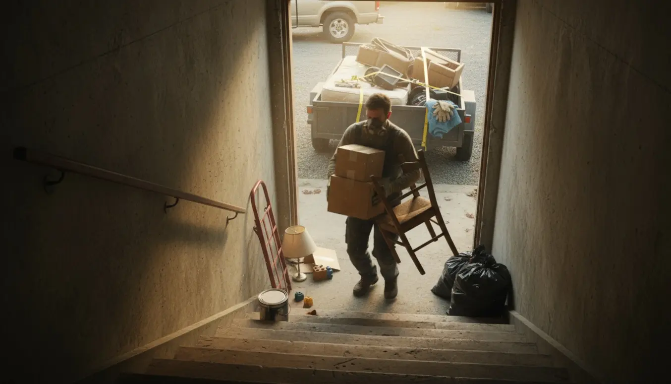 Person bærer småsager op af kælderen mod en lille trailer til bortkørsel.