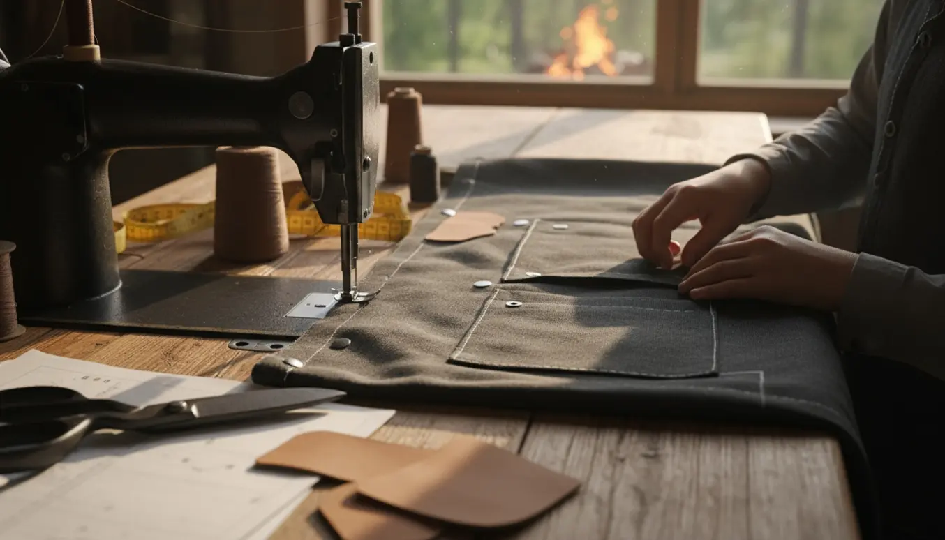 Nærbillede af hænder, der syr en mørk, kraftig spejder bålkappe med lommer på et træbord.