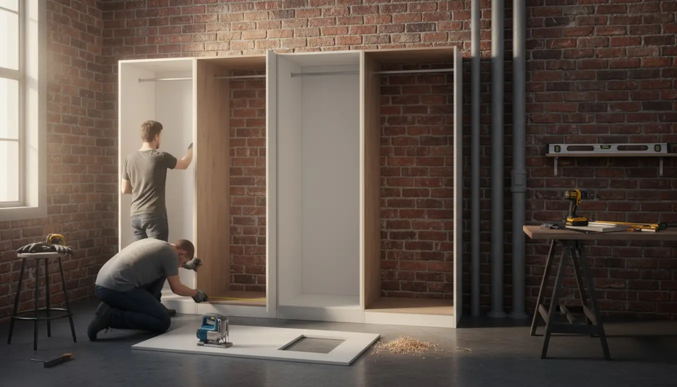 Tre smalle skabe bliver sat op i et bryggers mod en murstensvæg med synlige vandrør, værktøj og hænder i arbejde.