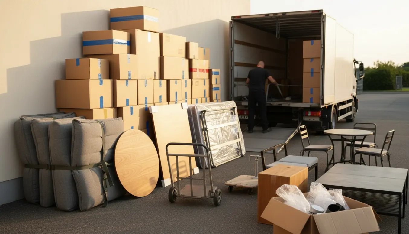 Flyttebil ved fortovet med stabler af flyttekasser og beskyttede møbler under en flytning.