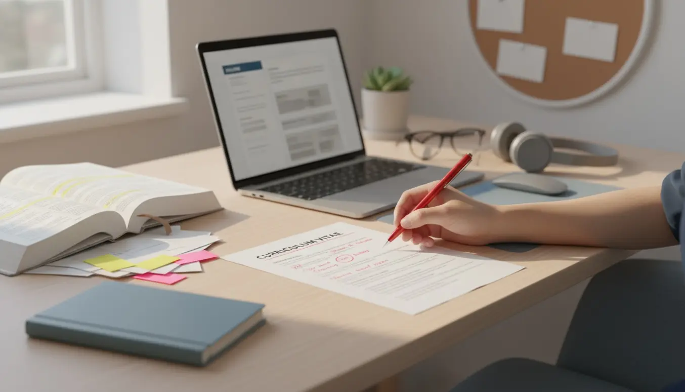 Hænder opdaterer et CV ved et lyst, skandinavisk skrivebord med bærbar, udprintet CV og ordbog.