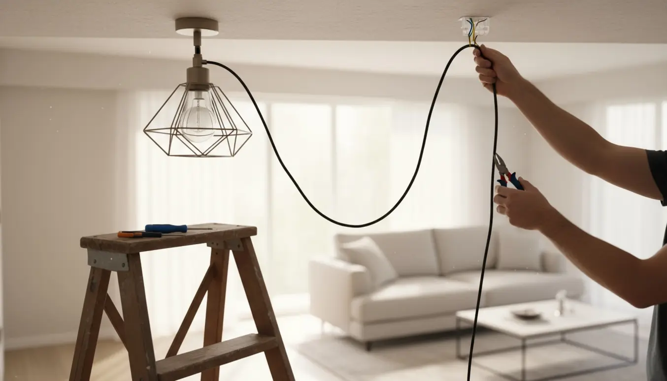 Hænder monterer en loftslampe og klipper en for lang ledning på en lille stige.