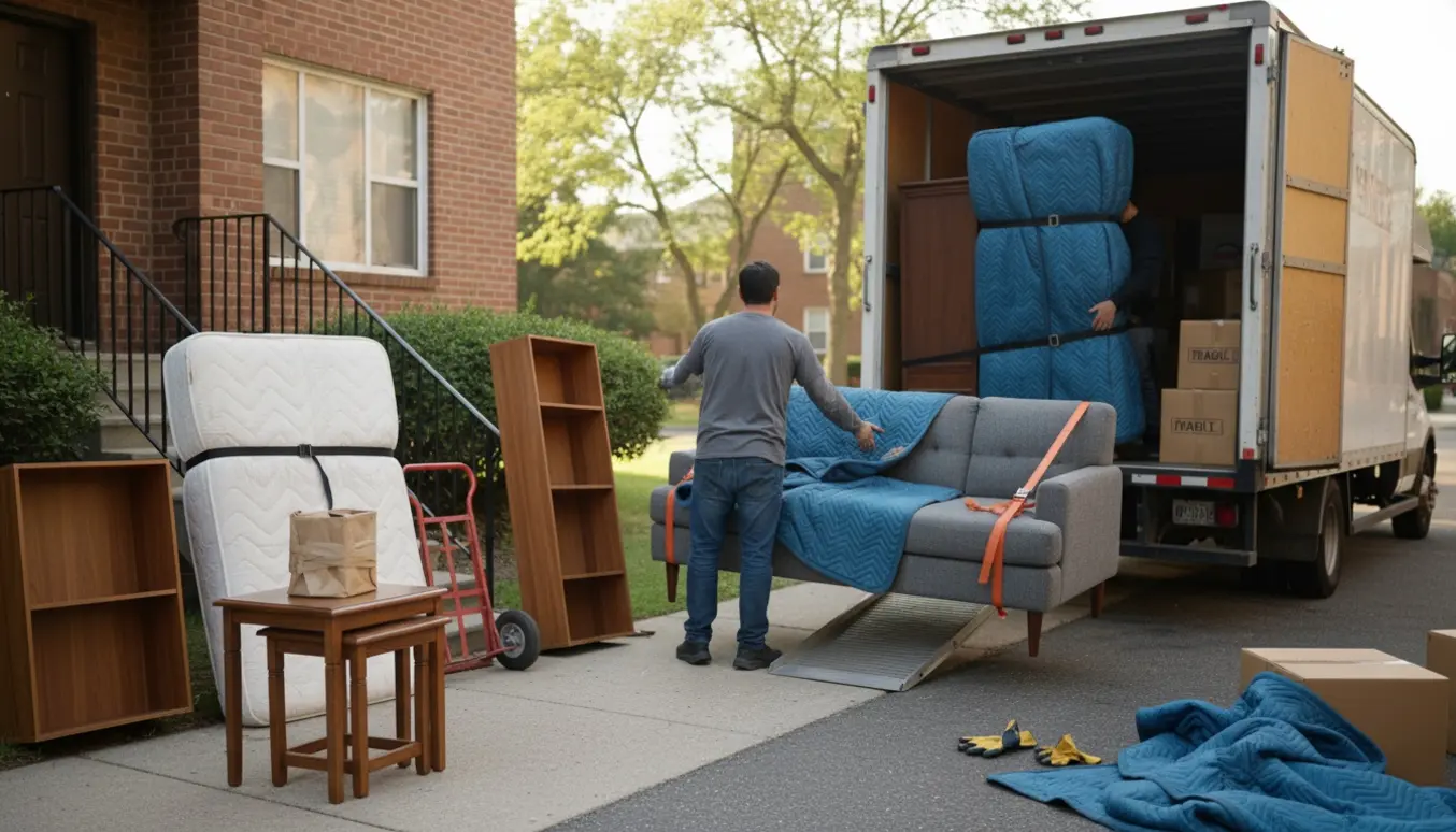 To flyttefolk læsser forskellige møbler ind i en åben flyttebil foran en lejlighedsindgang.