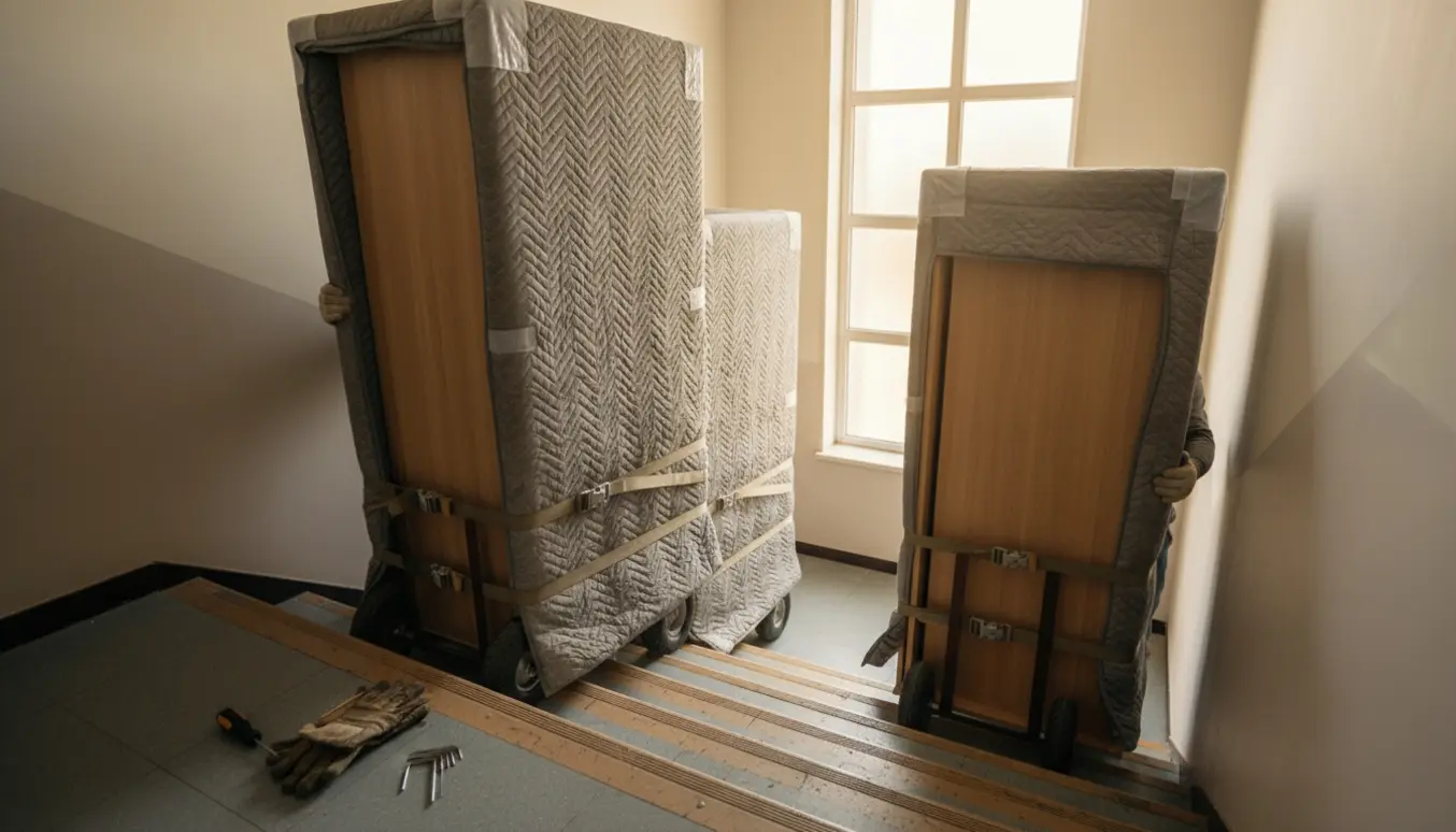 Flytning af tre skabsektioner ned ad en bred opgang med beskyttelsestæpper og dolly.