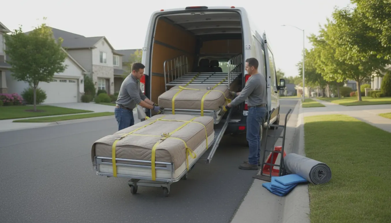 To hjælpere læsser to indpakkede enkeltsenge ind i en kassevogn med dolly og flyttetæpper.