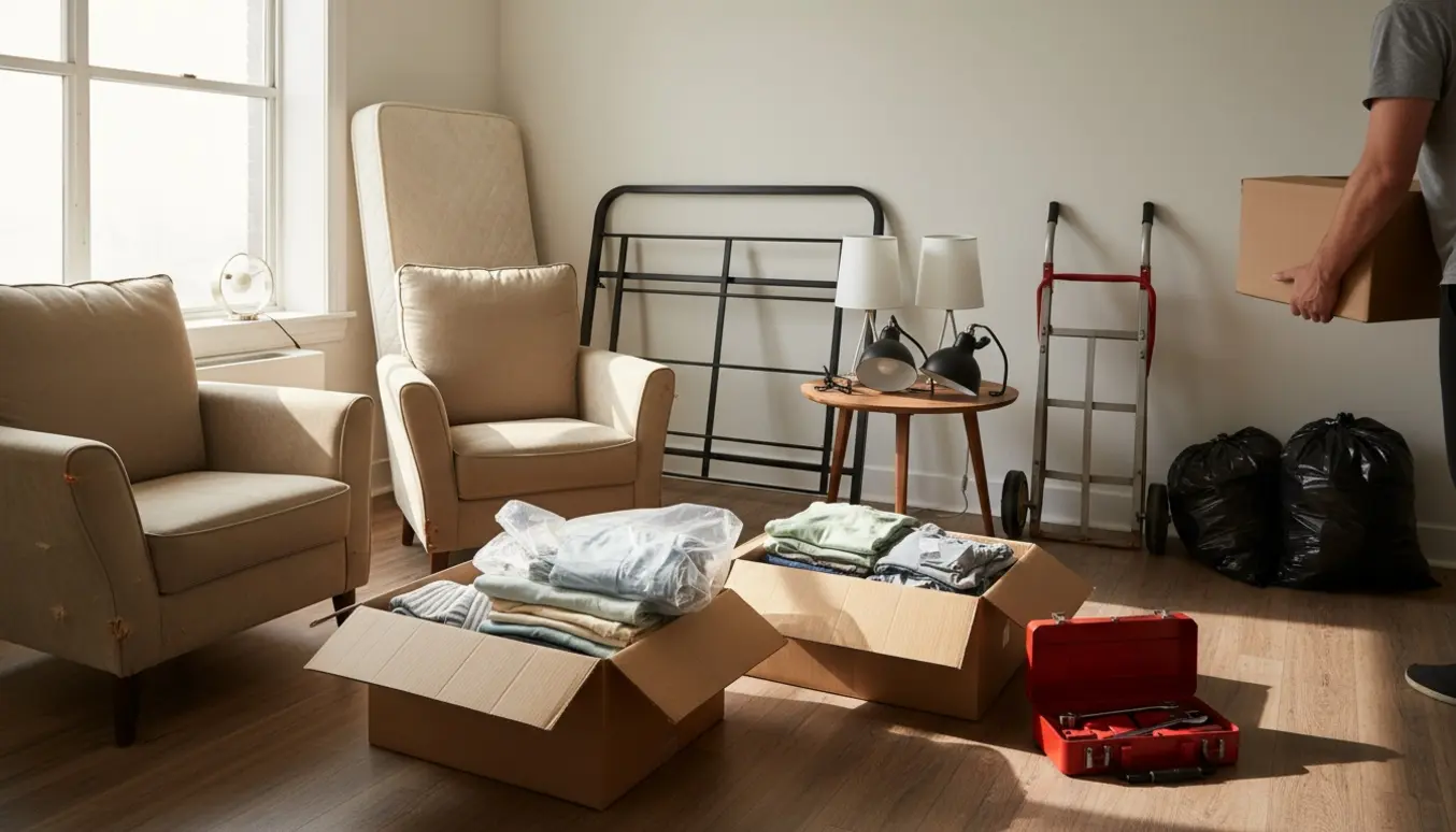 Solbelyst lejlighed med brugte møbler, kasser og tøj klar til oprydning.