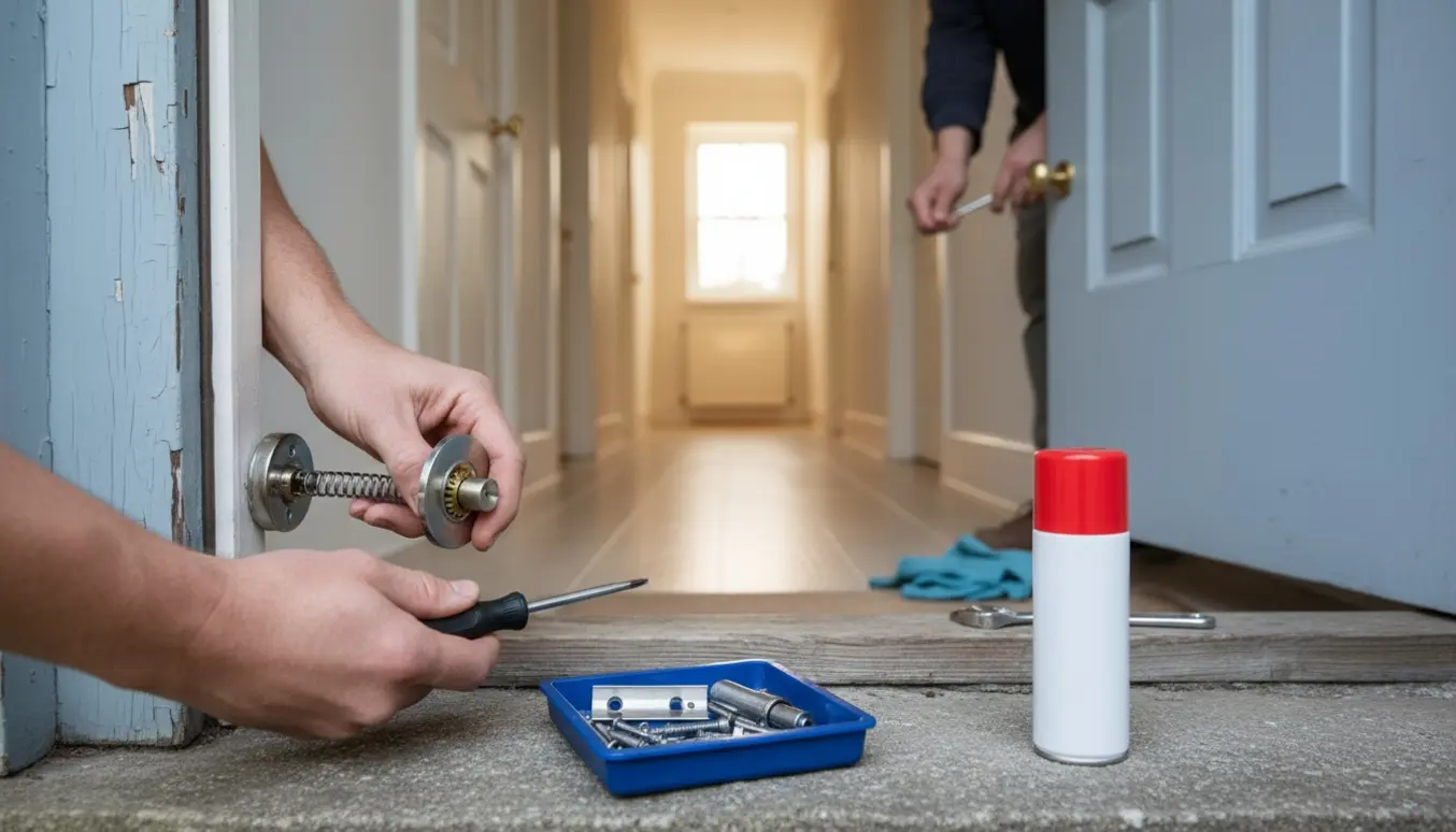 Hænder reparerer et yderdørshåndtag med værktøj, mens fire indvendige døre ses i baggrunden.