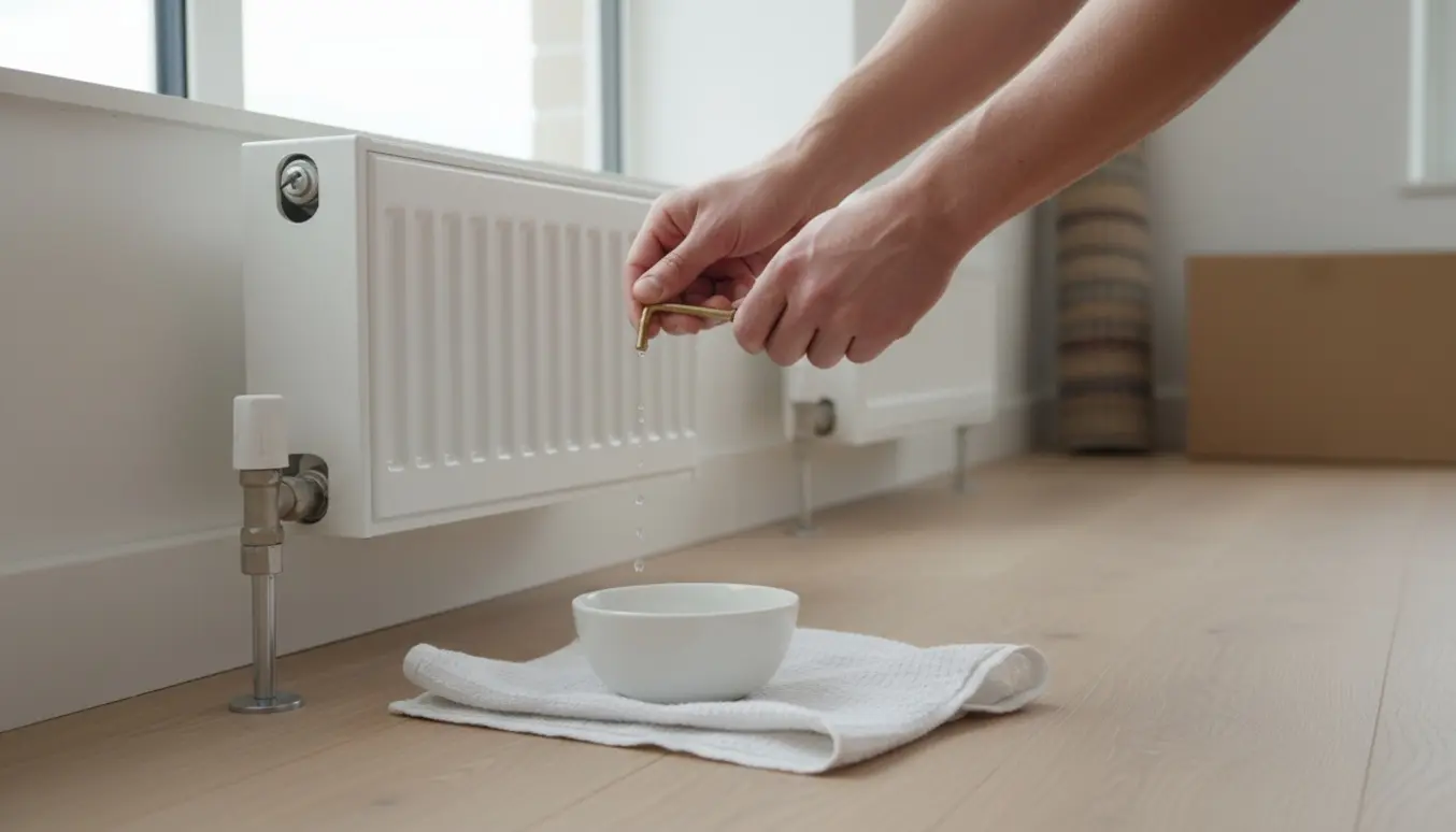 Hænder udluftning af to små vægradiatorer med en nøgle, skål og klud i et lyst lejlighedsrum.