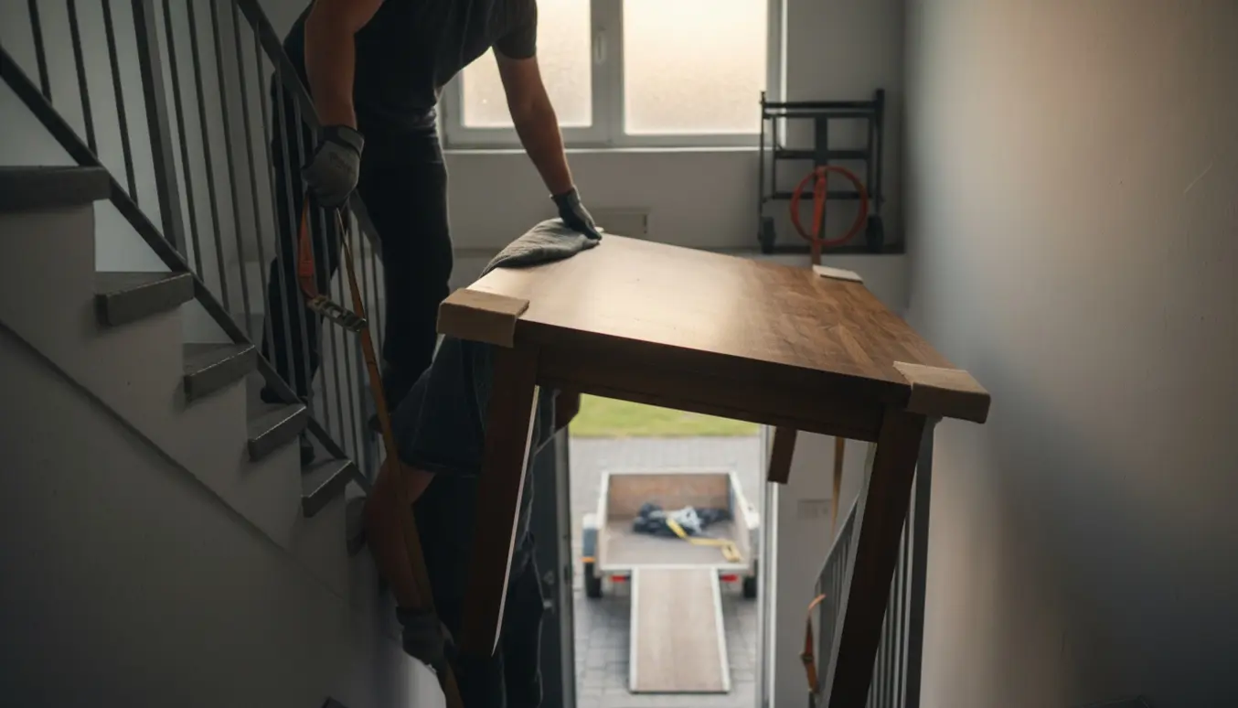 To personer bærer et tungt træspisebord ned ad en trappe mod en trailer.