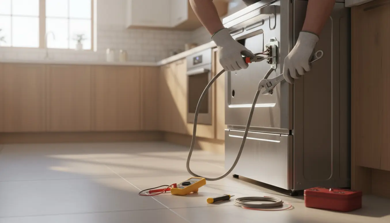 Elektriker frakobler gammelt og tilslutter nyt fritstående komfur bagfra i et lyst køkken.