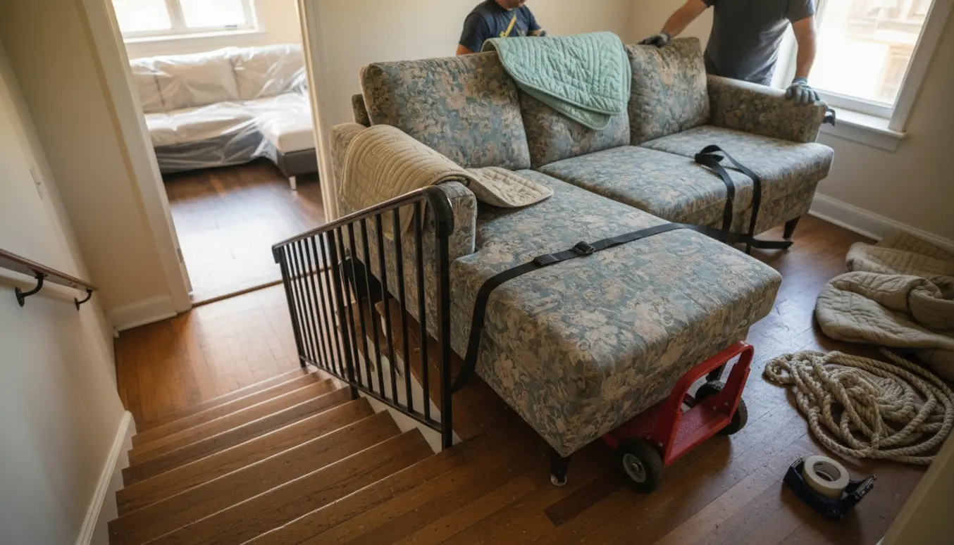 Gammel sovesofa med chaiselong på trappeopgang pakket i flyttetæpper og klar til storskrald.