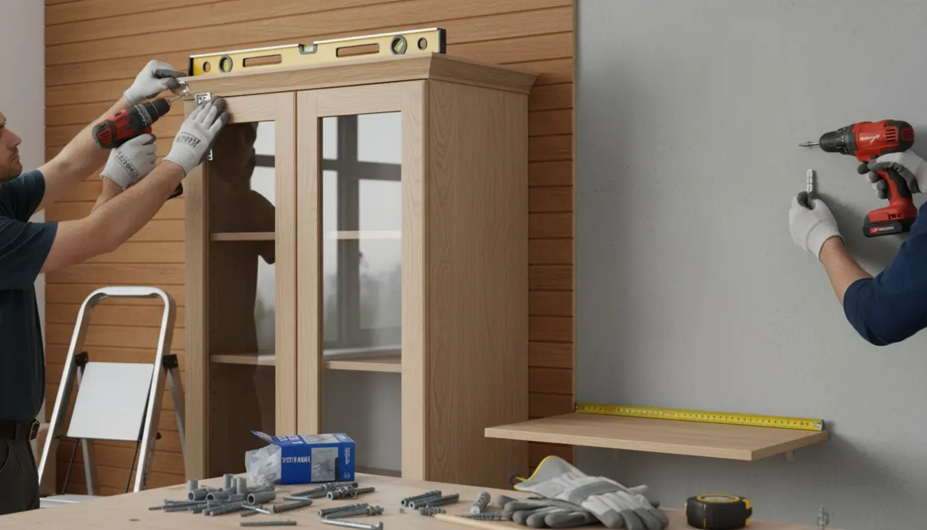 Håndværker monterer egetræsskab med glaslåger og en lille reol på MDF- og betonvæg med værktøj og rawlplugs.