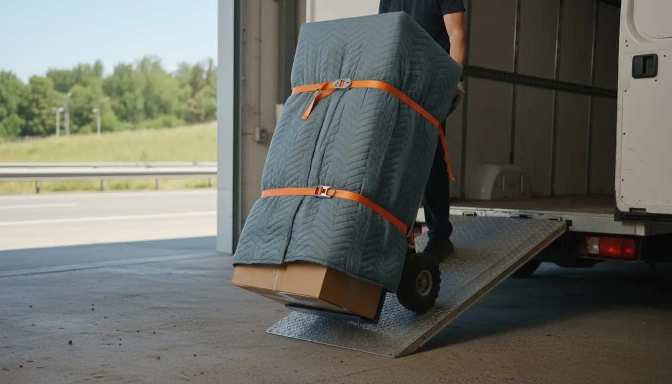 Langt pakket linnedskab bliver læsset på en flyttevogn ved et lager, to flyttemænd håndterer kassen.