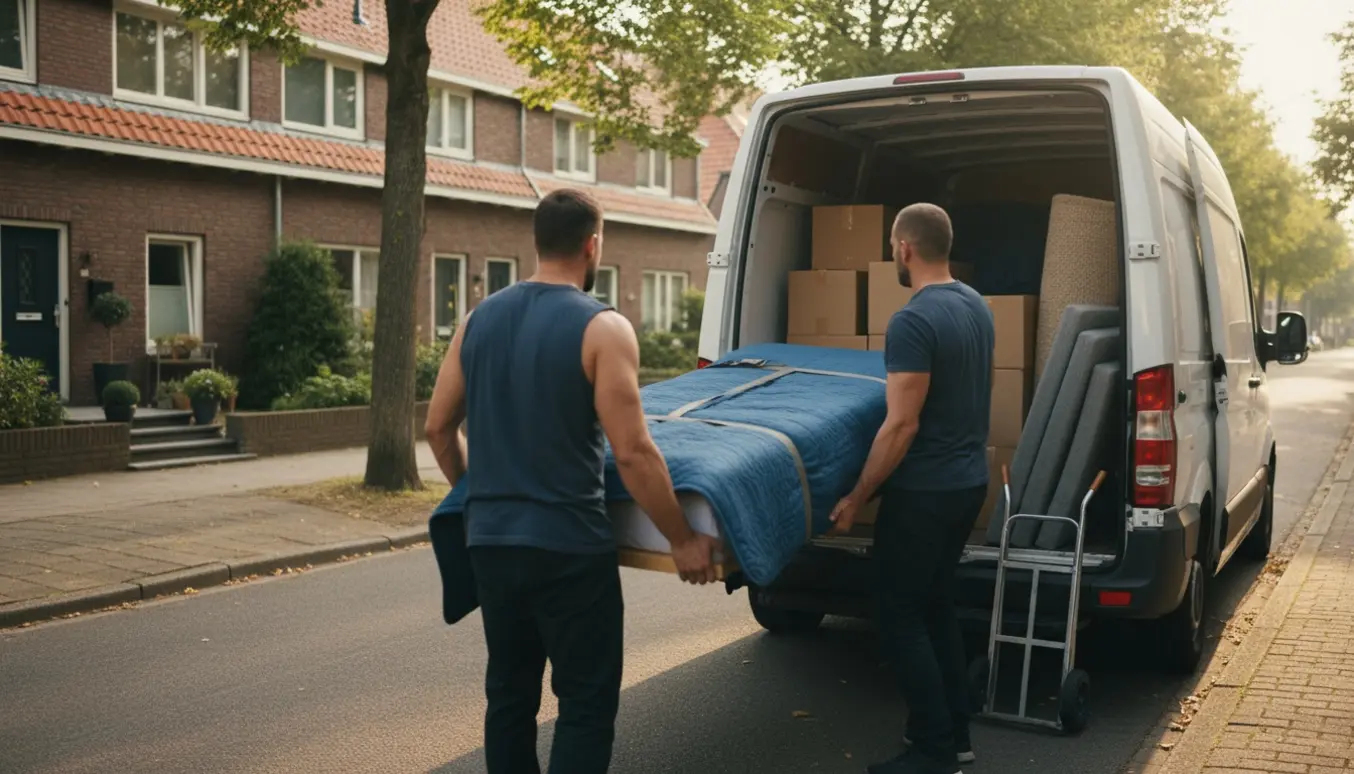 To flytte en enkeltmandseng ind i en flyttebil på en stille, træbevokset villavej.
