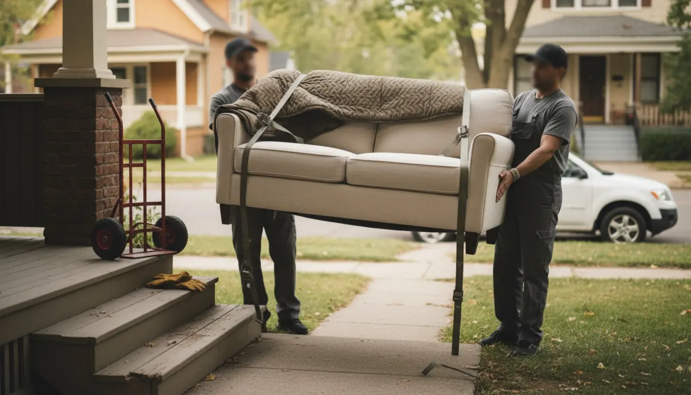 To personer bærer en lille sofa fra en bolig til en parkeret flyttevogn på kort afstand.