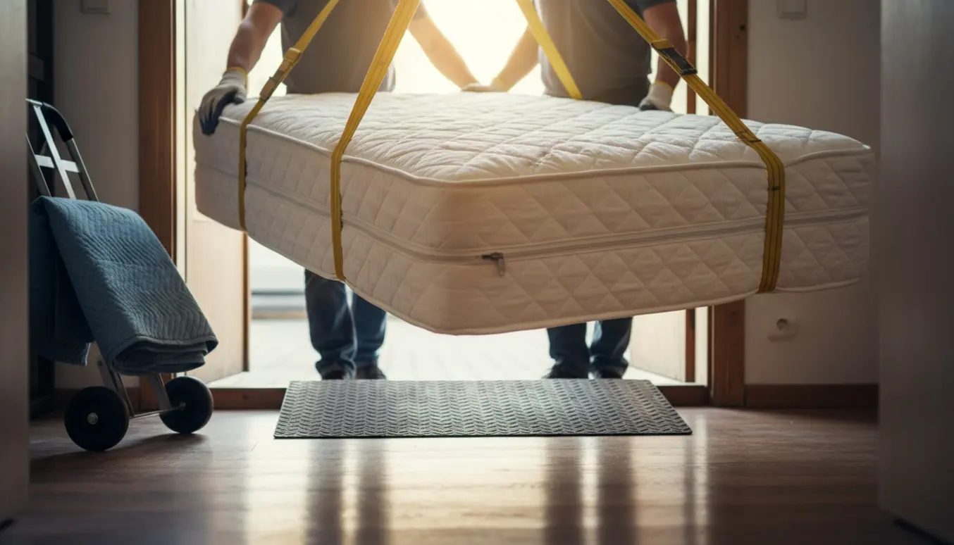 En boxmadras 140x200 bæres ud gennem en lejlighedsdør mod en flyttevogn.