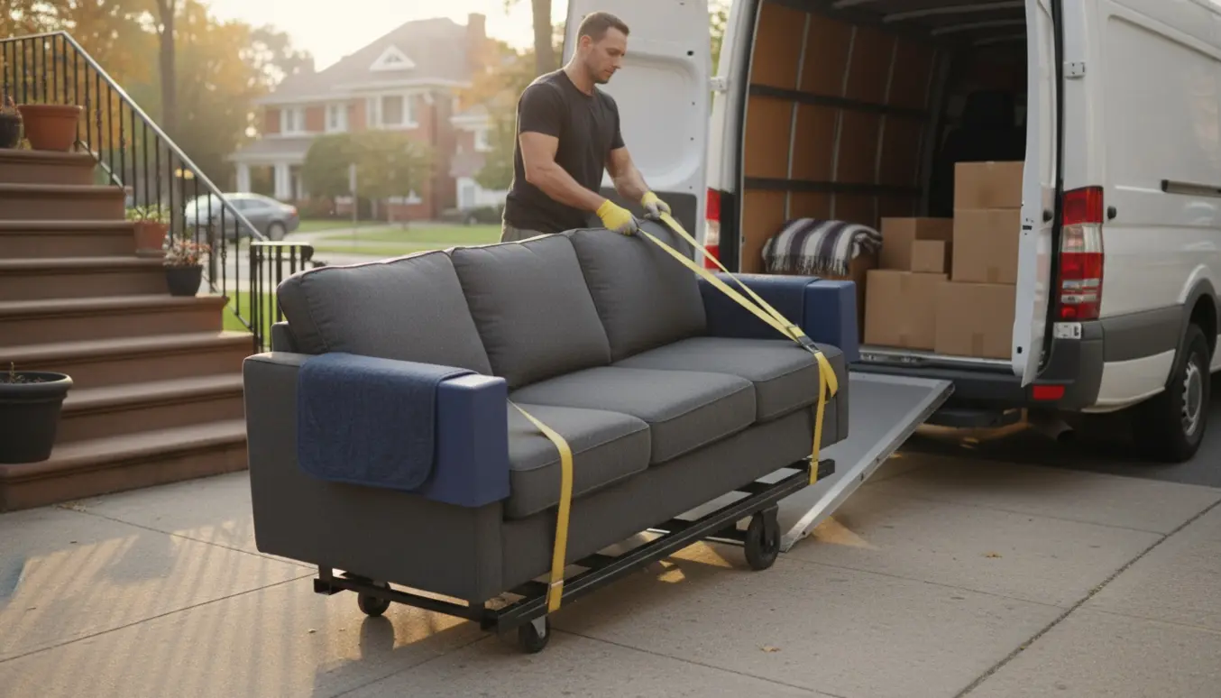 En grå 3-personers sofa på en flyttevogn foran en åben hvid flyttebil, klar til at blive læsset.