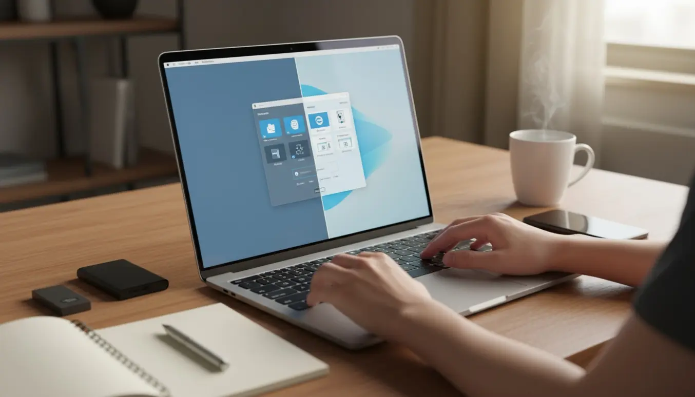 Bærbar computer på skrivebord med skærmen delt i to, der viser overgangen fra en ældre desktop til et moderne brugerinterface.