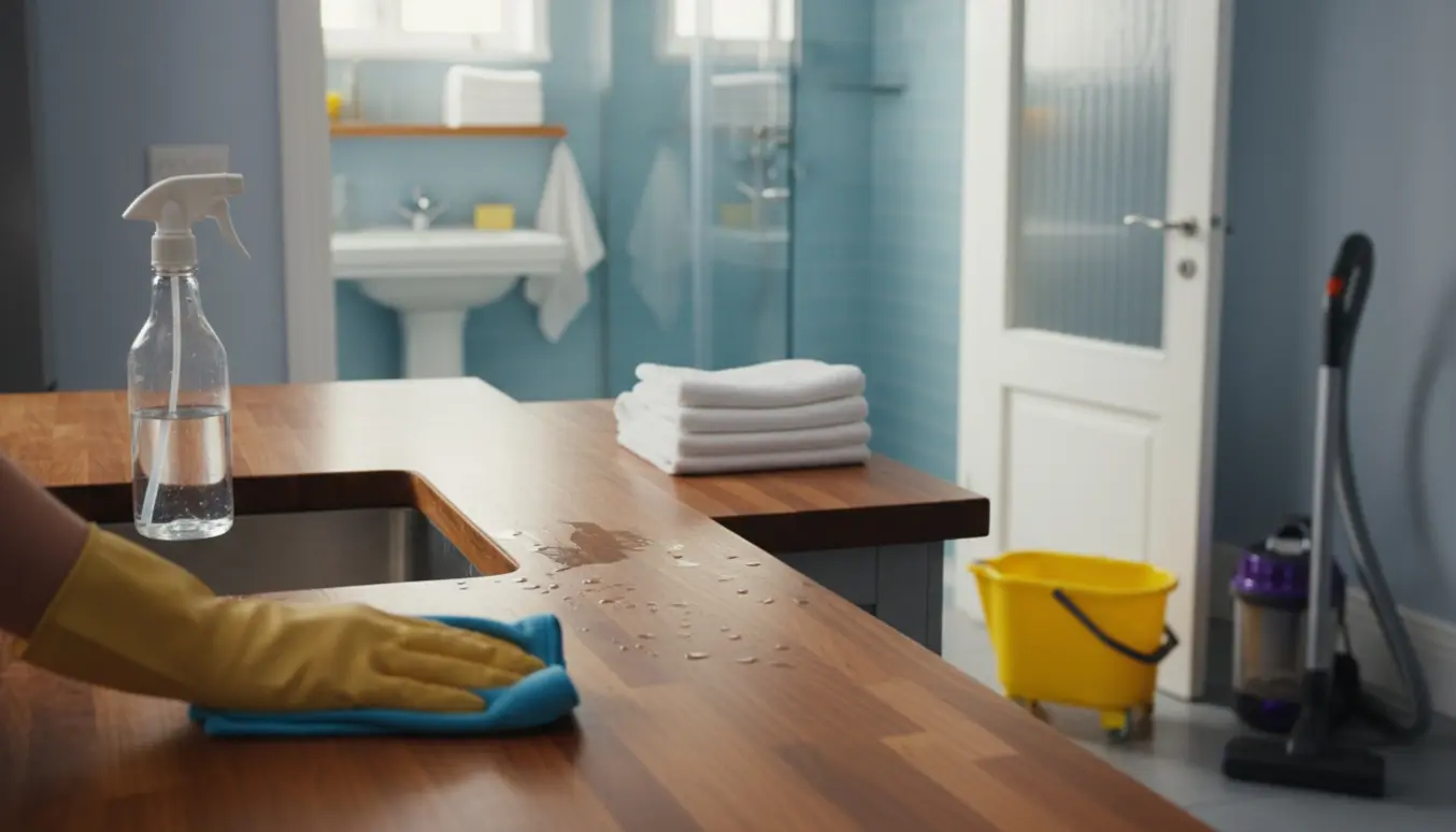 Gummihandsker tørrer køkkenbordet med rengøringsspand og et skinnende badeværelse i baggrunden.