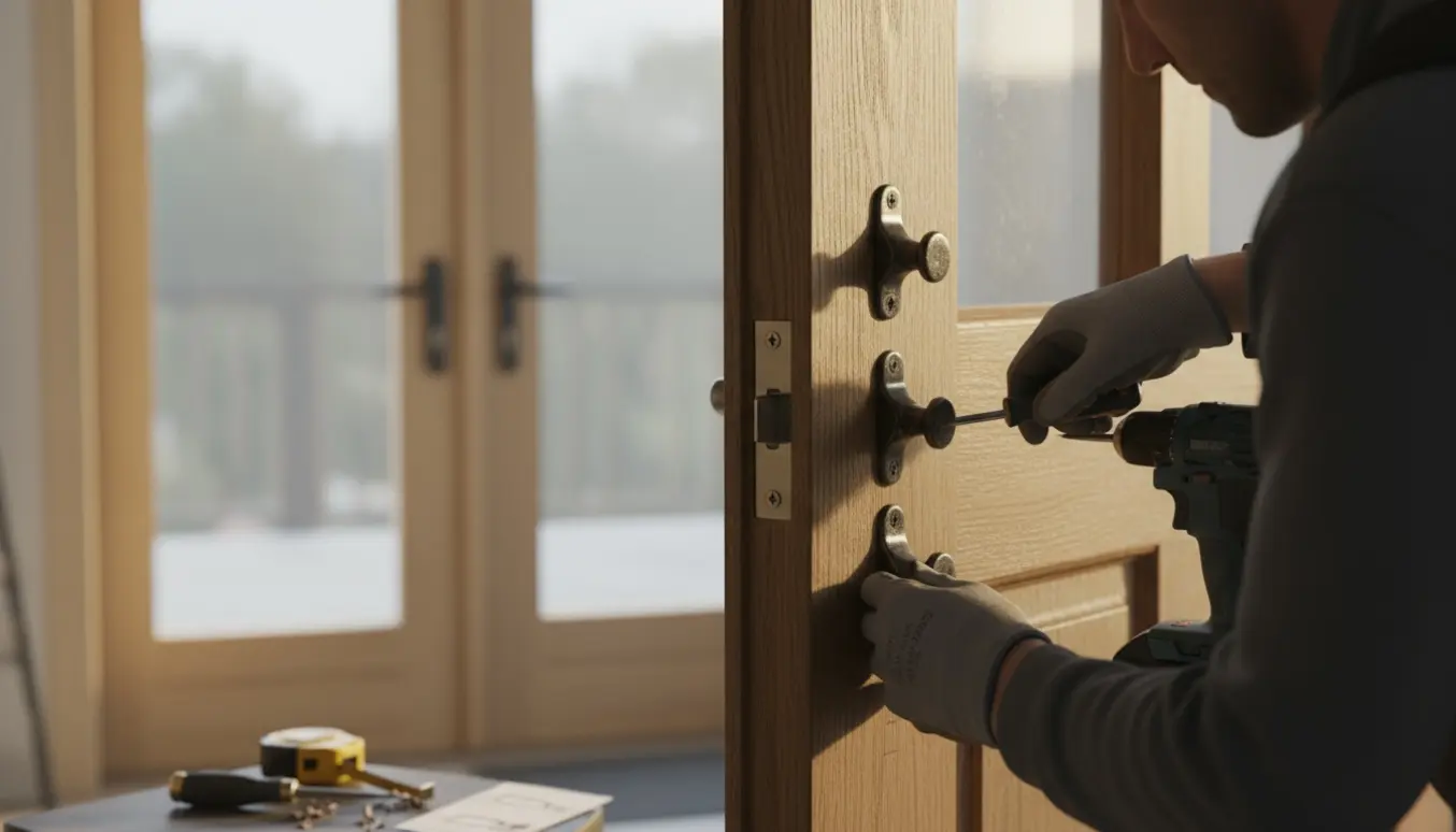 Nærbillede af hænder, der monterer fire små metal nokker i to trædøre med værktøj og målemærker.