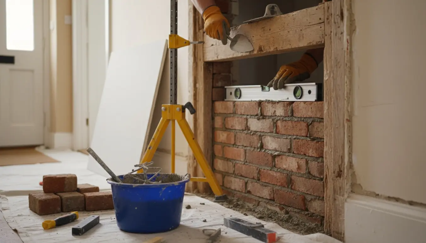 Genopbygning af mur over en gammel dør med mursten, midlertidig støtte og håndværktøj.