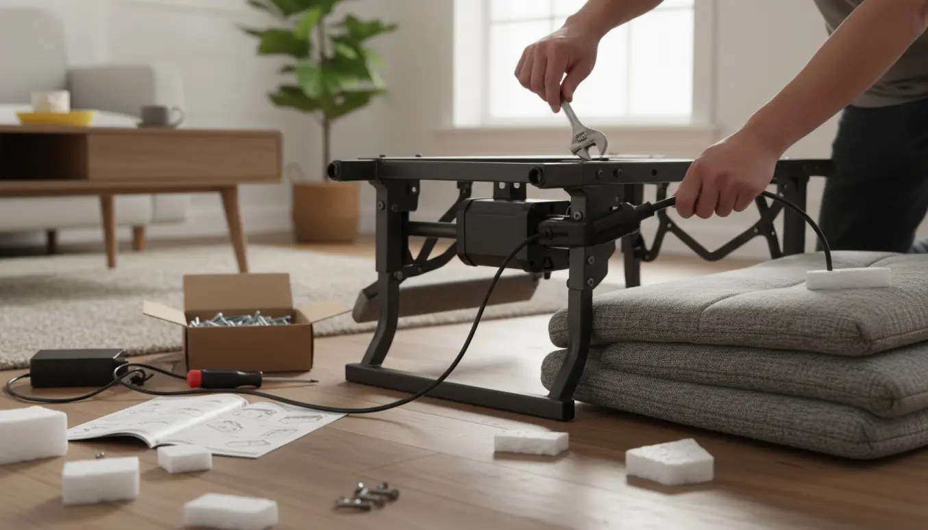 Nærbillede af montering af en elektrisk vippestol i en lys stue, hænder fastgør motor og kabler under sædet.