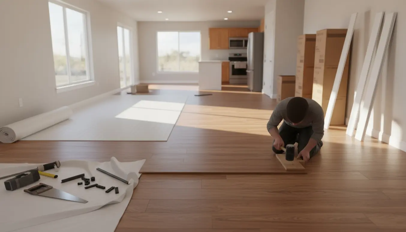 Installatør bagfra lægger laminatgulv i et åbent stue- og køkkenområde med stakke planker og fodlister klar.