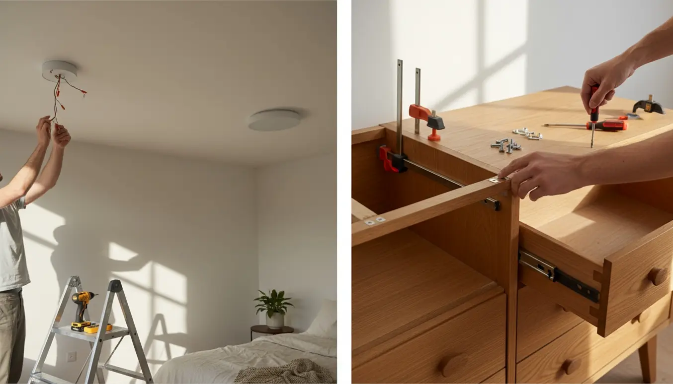 Hænder installerer to loftslamper og forstærker en kommode med beslag i et lyst værelse.