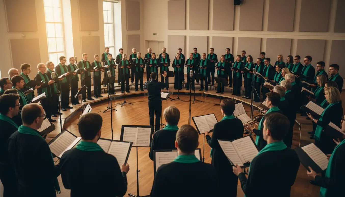 Gospelskor i sort tøj med grønne tørklæder samlet på risere i et varmt øvelokale, set bagfra.