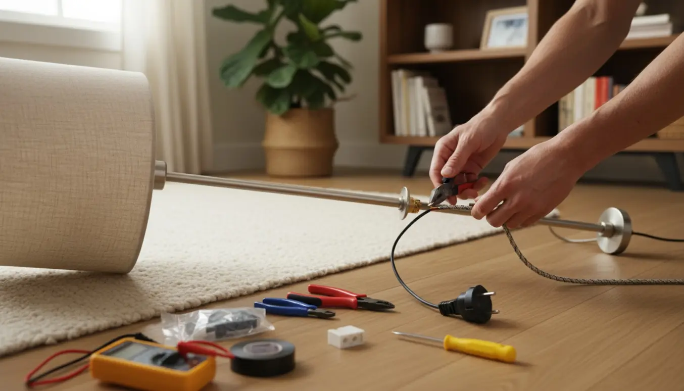Nærbillede af hænder, der udskifter ledningen på en gulvlampe med værktøj ved siden af.