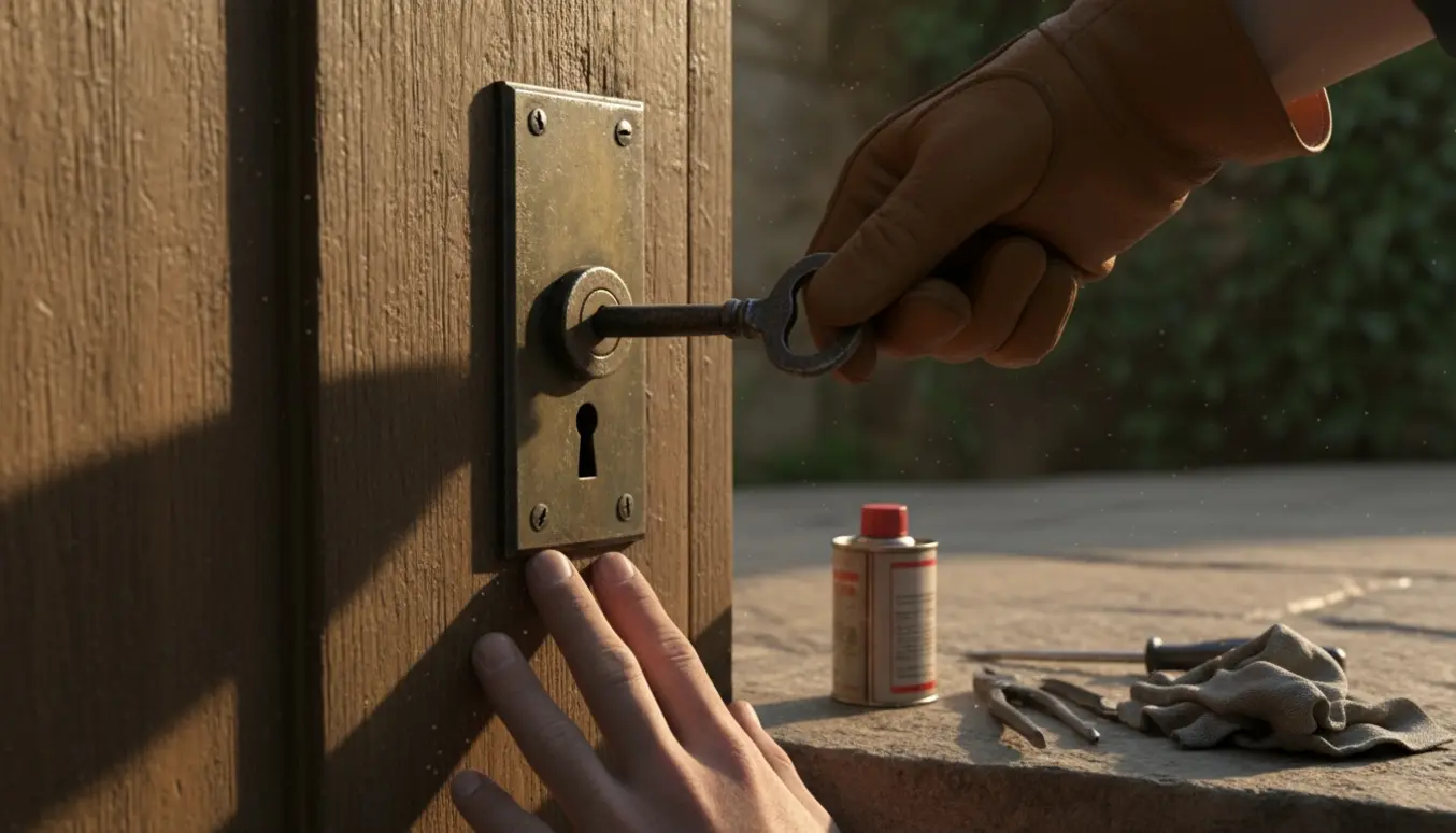 En nøgle sidder fast i en gammel lås på en massiv yderdør, mens hænder forsøger at få den ud.