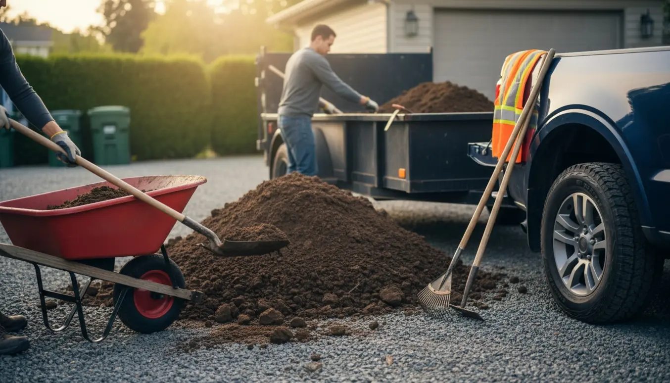 Trailer læsses med jord fra en indkørsel, med skovl og trillebør i brug.