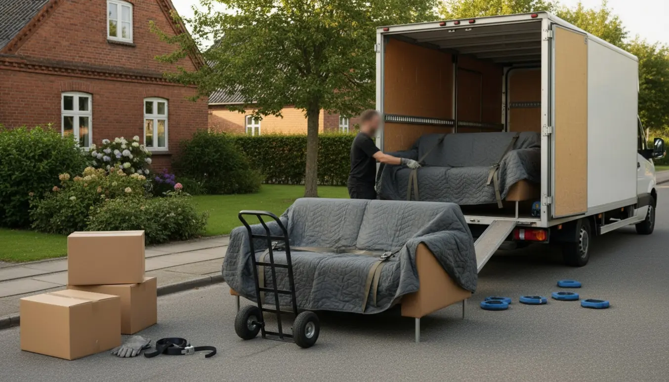 Flyttere læsser en to- og trepersoners sofa ind i en flyttebil foran et dansk parcelhus.