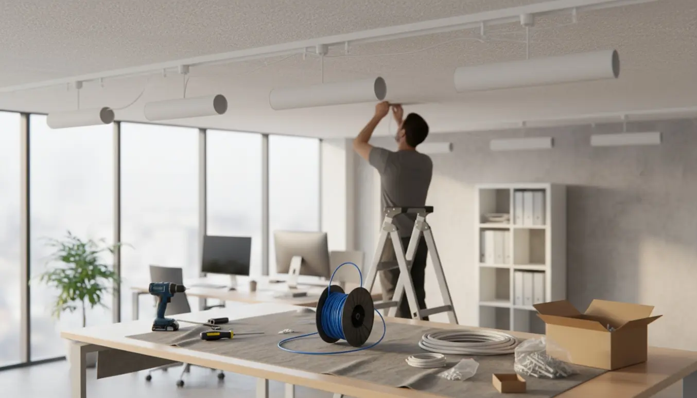 En tekniker installerer loftlamper og skjuler ledninger langs væggen i et lyst kontor.