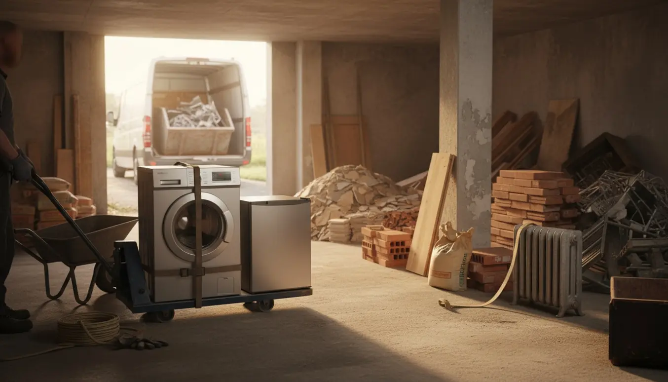 Kælder under rydning med byggeaffald, metaldele og hårde hvidevarer ved en trinfri åben indgang.