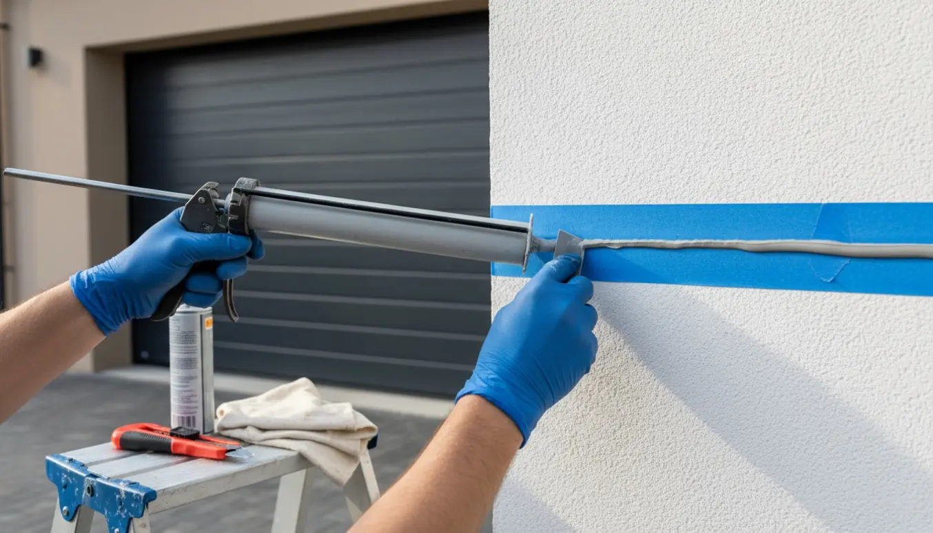 Næroptag af hænder, der fuge langs rammen på en nysat garageport med fugepistol og glitteske.