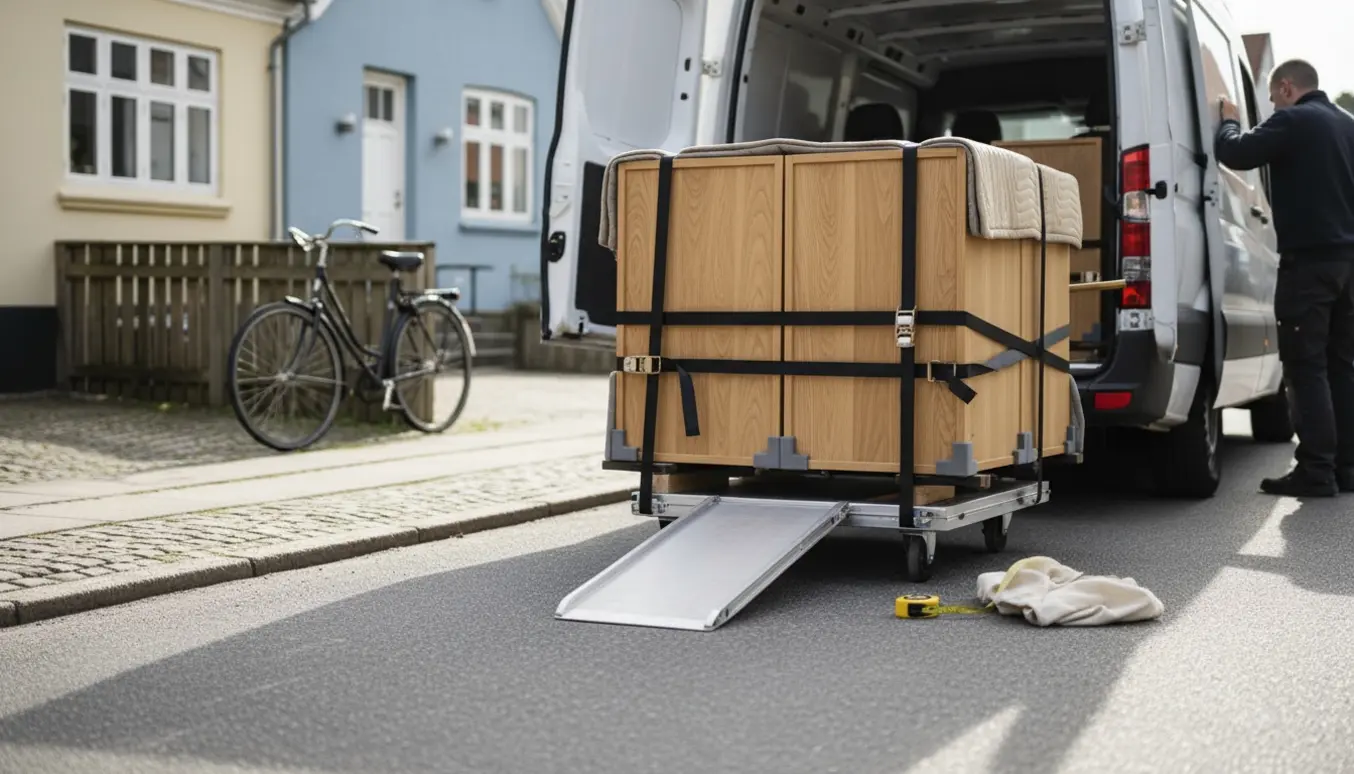 Varevogn læsser træskabe med rampe, flyttetæpper og stropper på en stille dansk villavej.