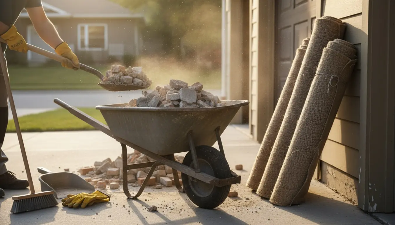 Rullede gulvtæpper og betonbrokker læsses i en trillebør på en indkørsel, hænder med handsker i fokus.