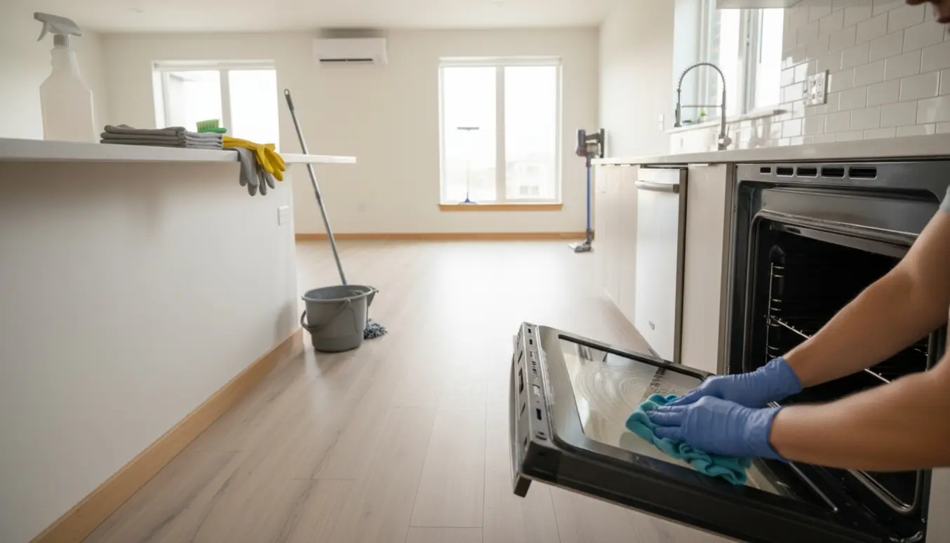 Hænder rengør ovnen i en lys, tom lejlighed under fraflytningsrengøring.