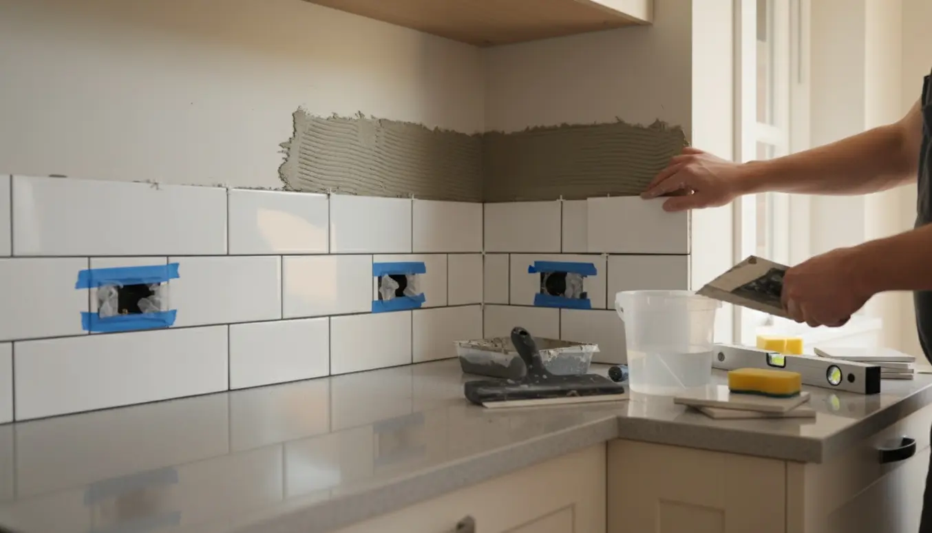 Nærbillede af et køkkenhjørne under fliseopsætning med hvide 15x15 fliser, mørk fuge og to stikkontakter.