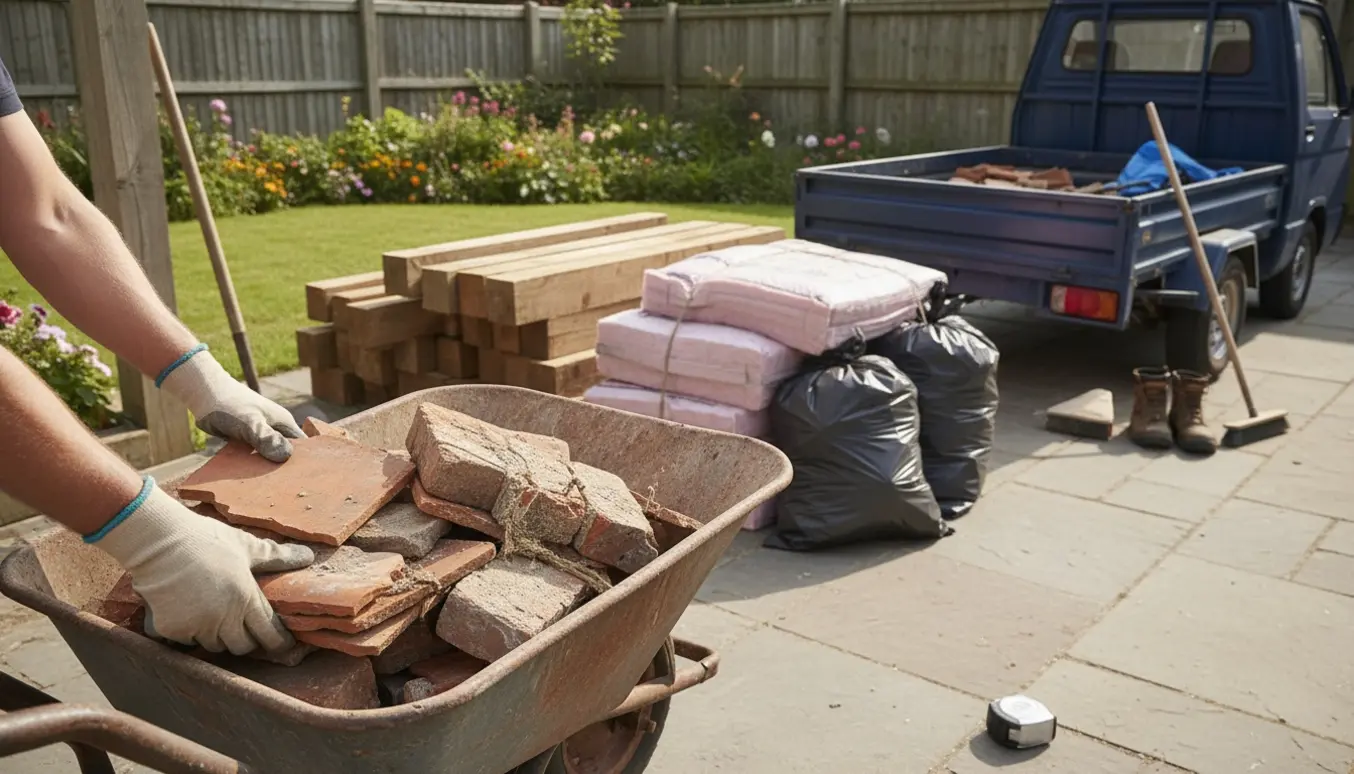 Gloved hænder læsser byggematerialer i en trillebør i en have, klar til bortkørsel.