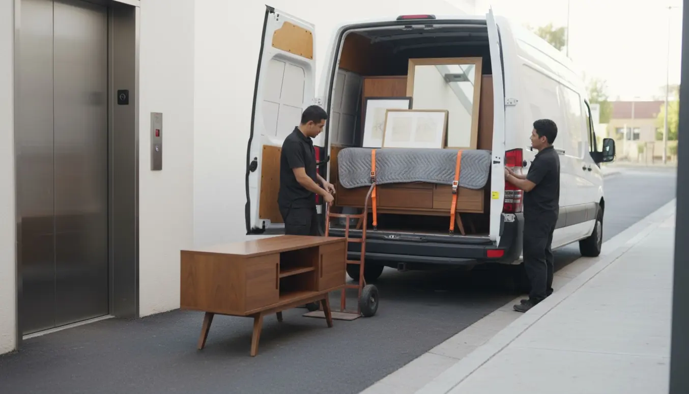 Møbler pakket og læsset på en varevogn ved en lejlighedselevator klar til genbrug.