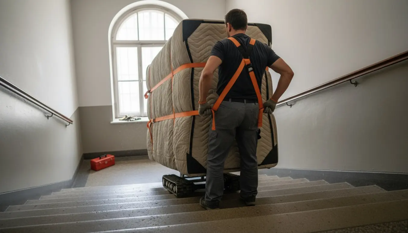 En person manøvrerer en indpakket skabsseng op ad en trappe med flytteudstyr, uden ansigtet synligt.