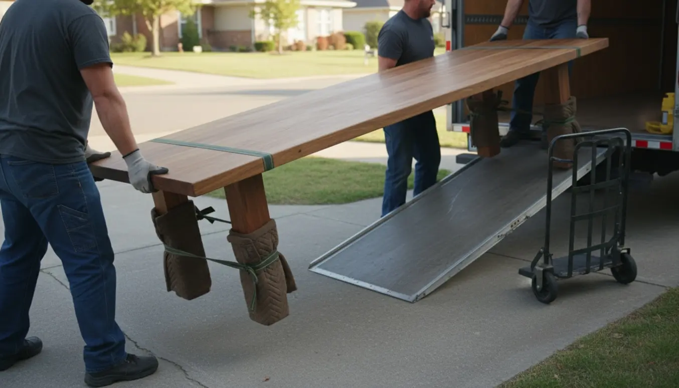 To personer løfter et langt træbord ind i en varevogn, mens bordbenene ligger indpakket i flyttetæpper ved siden af.