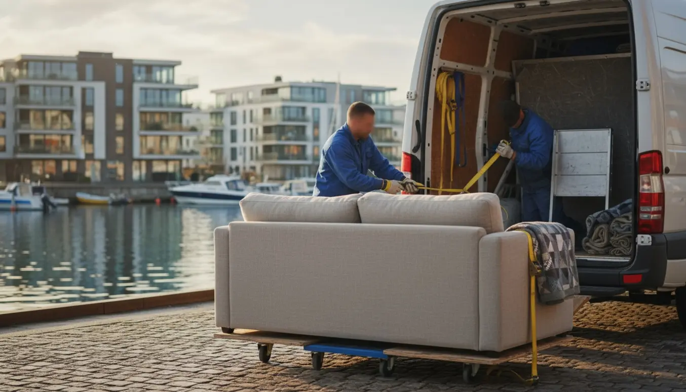 En sofa bliver løftet ind i en varevogn på kajen ved Aarhus Ø, to flyttere ses bagfra.