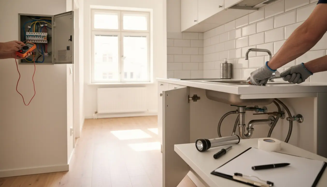 Hænder fra håndværkere inspicerer el-skab og VVS under køkkenvask i en lys andelslejlighed.