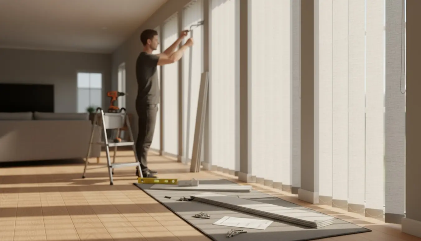 Montør tilpasser og monterer fem lamelgardiner i et lyst rum, kun hænder og værktøj synlige.