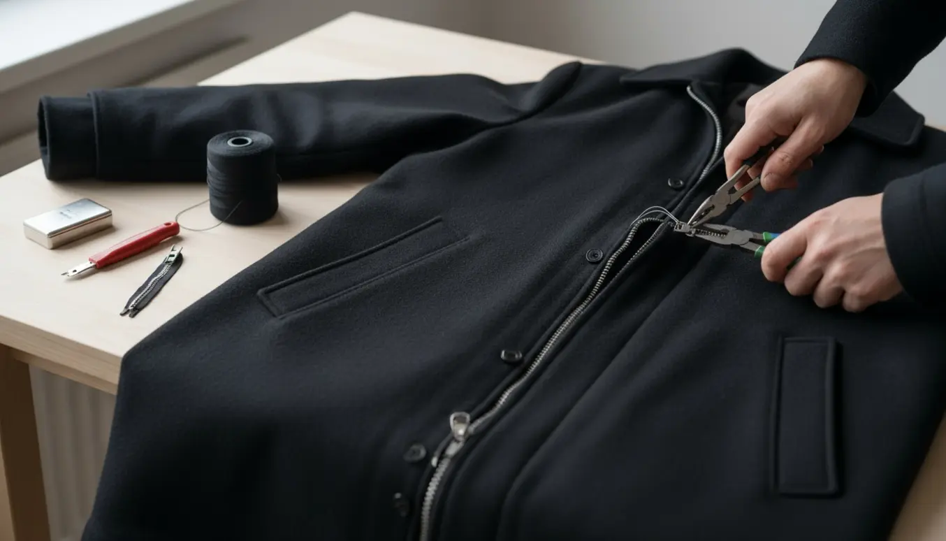 Sort længere herre-vinterfrakke lagt fladt med en beskadiget lynlås og hænder, der arbejder på reparationen.