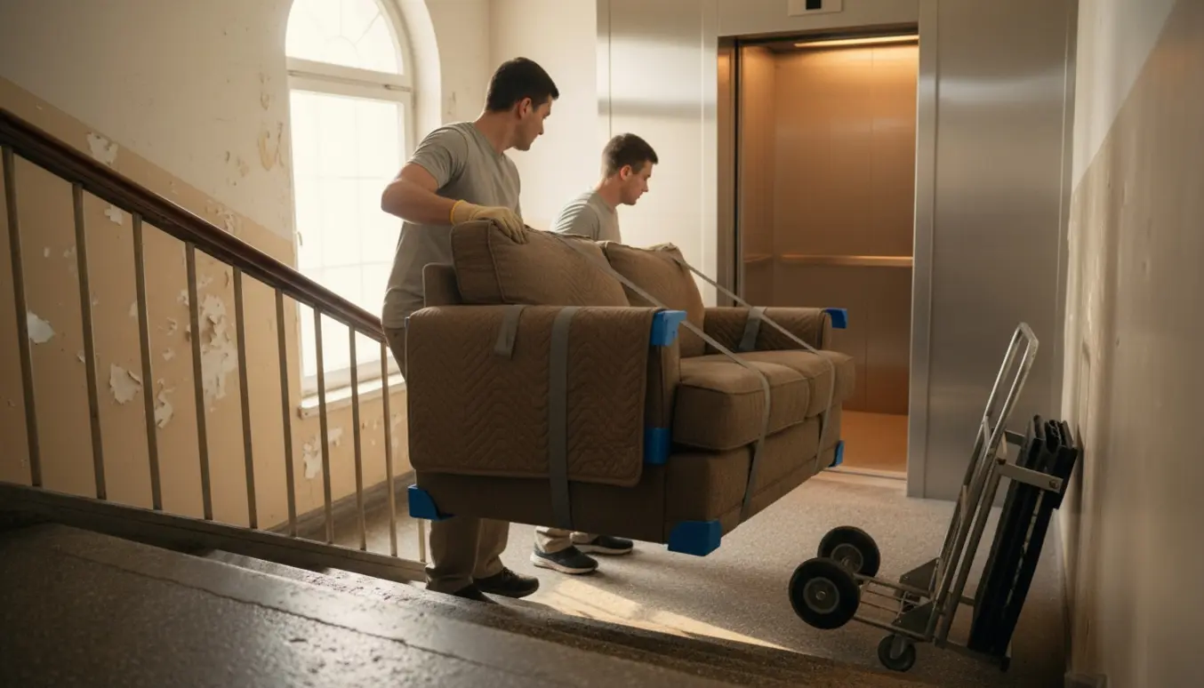 To flyttemænd bærer en beskyttet sofa ned ad opgangen og ind i en elevator.