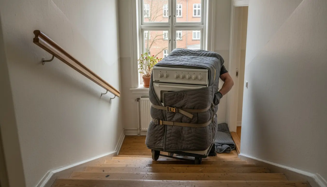 Et komfur bæres ned ad en trappe i en københavnsk lejlighed på en mild eftermiddag i marts.